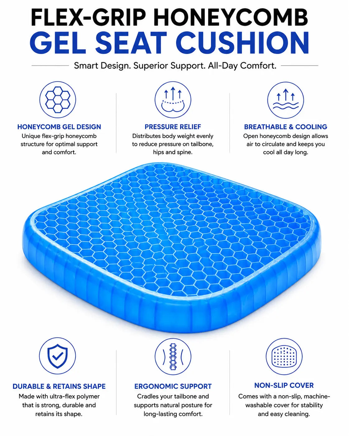 Gel orthopedic seat cushion with honeycomb design, pressure relief, breathable cooling, ergonomic support and durable material.