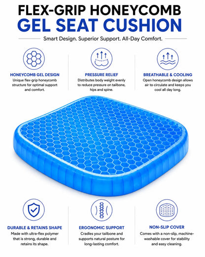 Gel orthopedic seat cushion with honeycomb design, pressure relief, breathable cooling, ergonomic support and durable material.