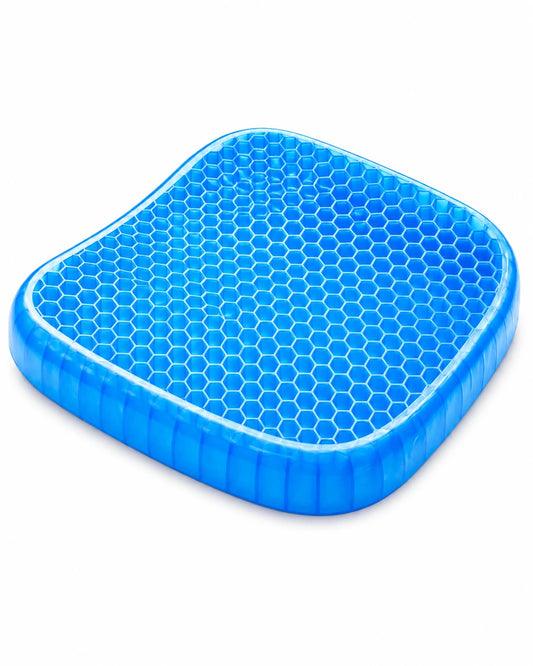 Blue gel seat cushion pad with honeycomb design for office chair, car seat, wheelchair and home ergonomic sitting comfort.