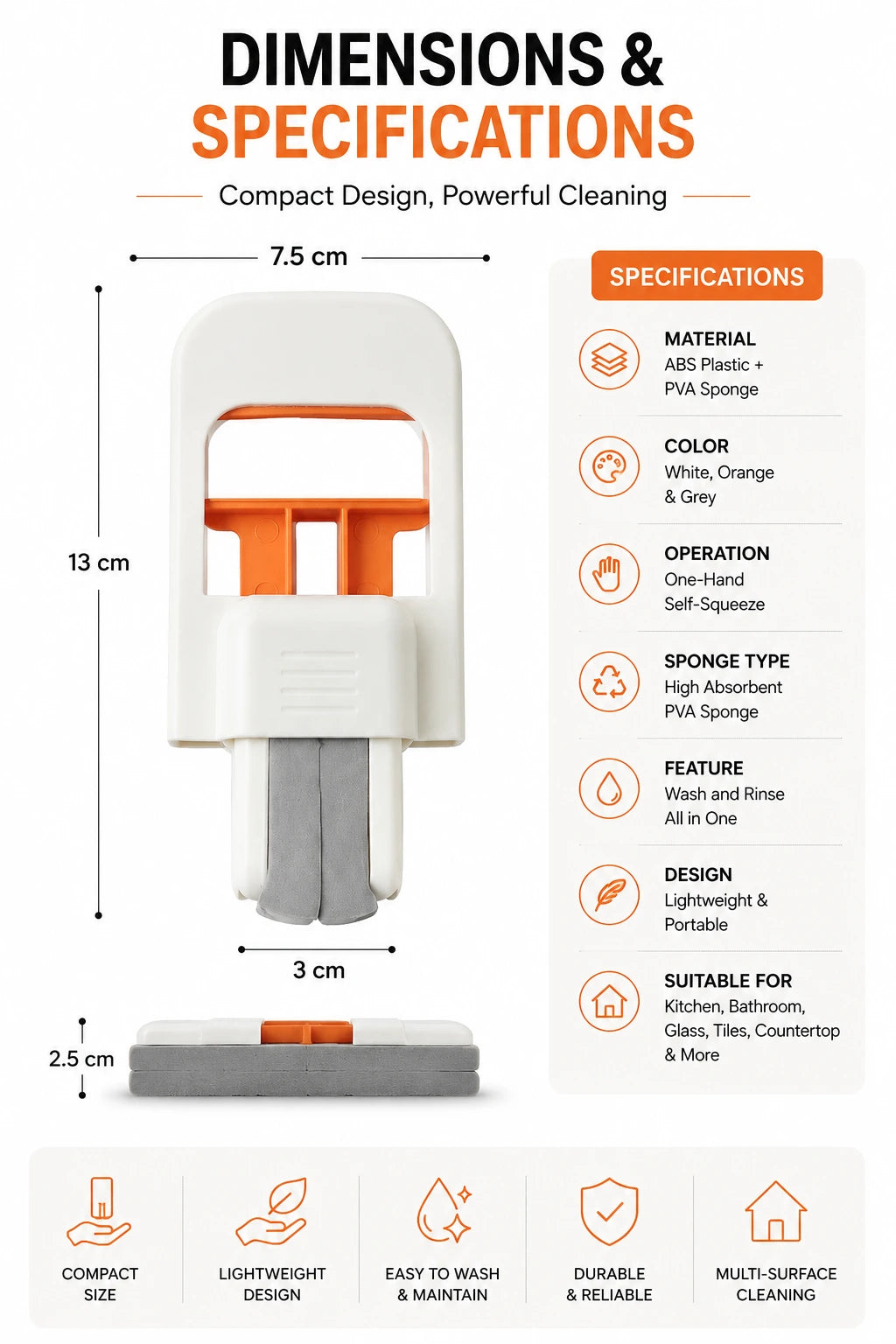 Specifications of Handheld Mini Sponge Mop showing dimensions, material, PVA sponge head, ergonomic handle, and compact cleaning tool design.