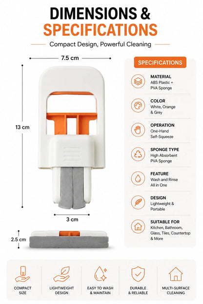 Specifications of Handheld Mini Sponge Mop showing dimensions, material, PVA sponge head, ergonomic handle, and compact cleaning tool design.