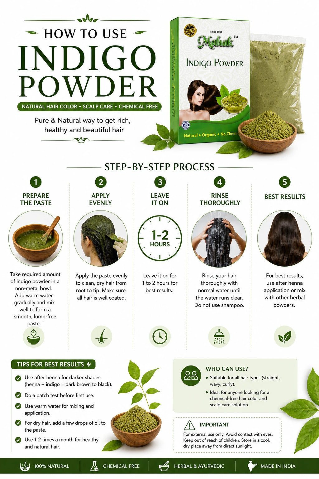 How to use Natural Indigo Powder for herbal hair coloring and scalp care at home
