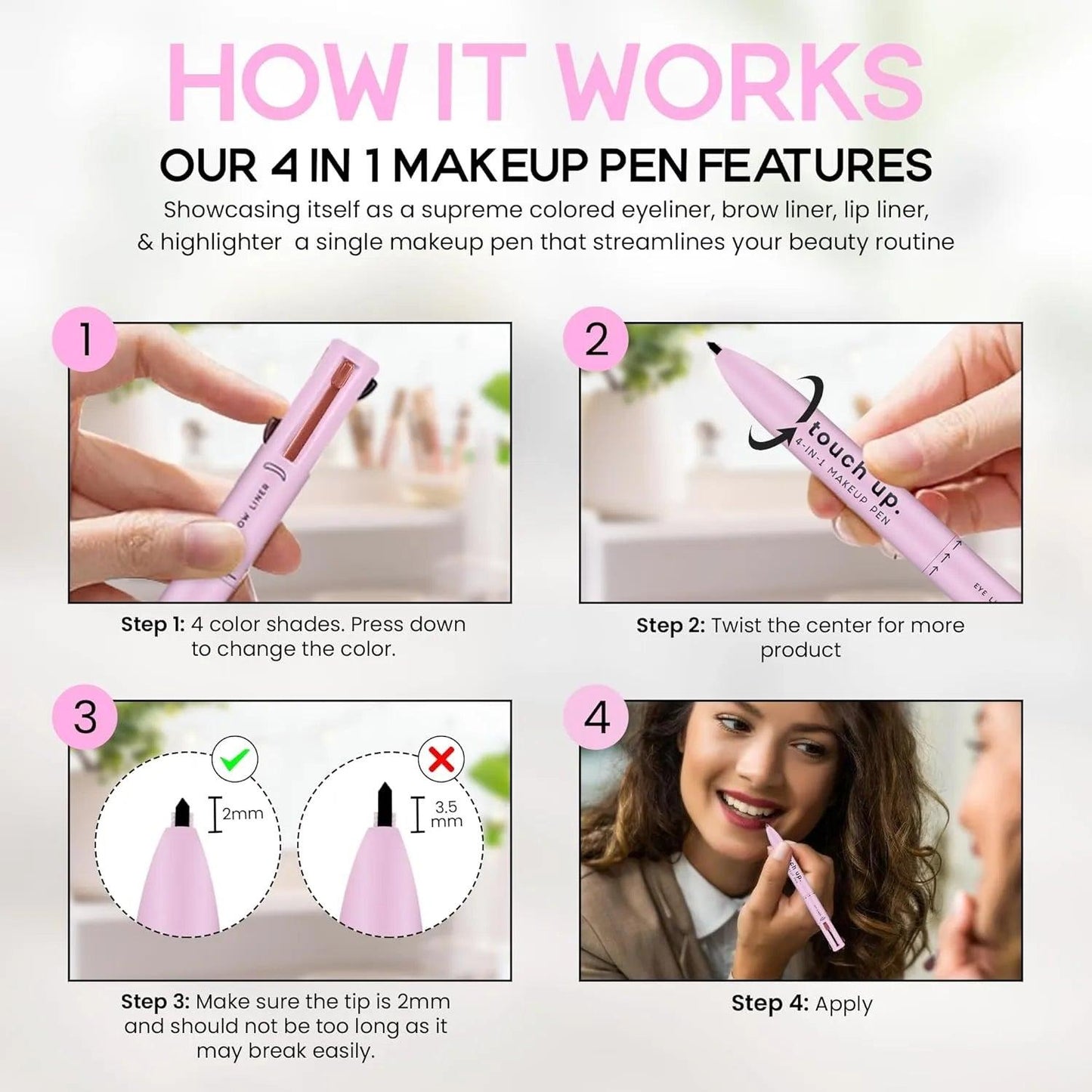 4-in-1 Makeup Pen – Eyeliner, Brow, Lip Liner & Highlighter (Multicolor)