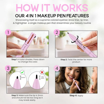 4-in-1 Makeup Pen – Eyeliner, Brow, Lip Liner & Highlighter (Multicolor)