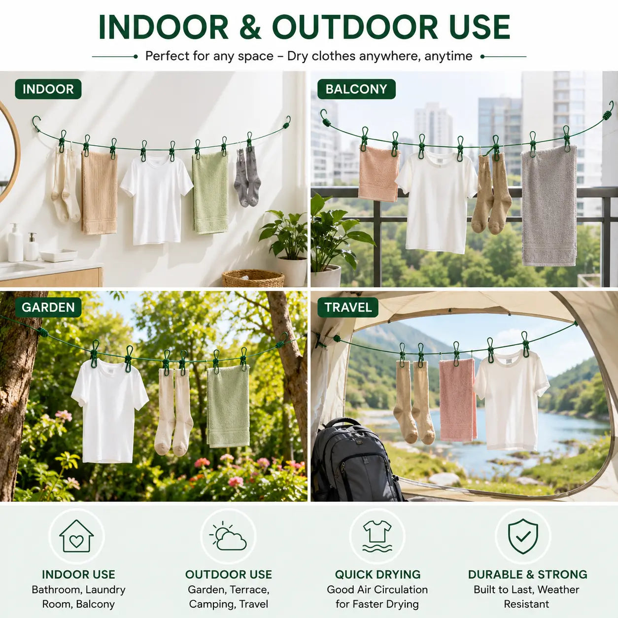 Portable Elastic Clothesline for Indoor, Outdoor, Camping and Balcony Drying