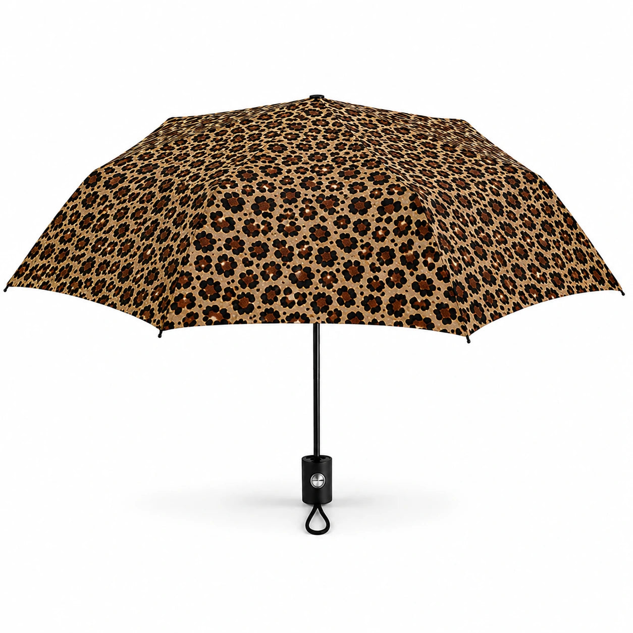 Front Angle View of Leopard Print Foldable Travel Umbrella