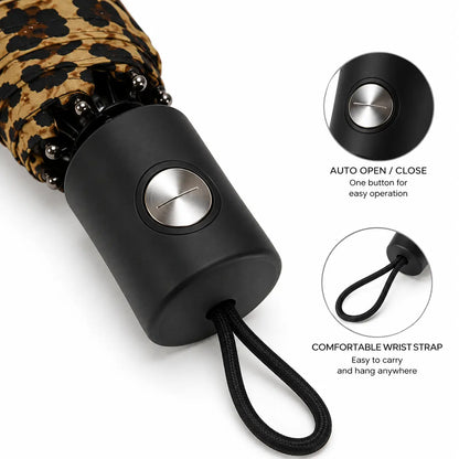 Close-up of Handle and Wrist Strap of Leopard Print Foldable Umbrella
