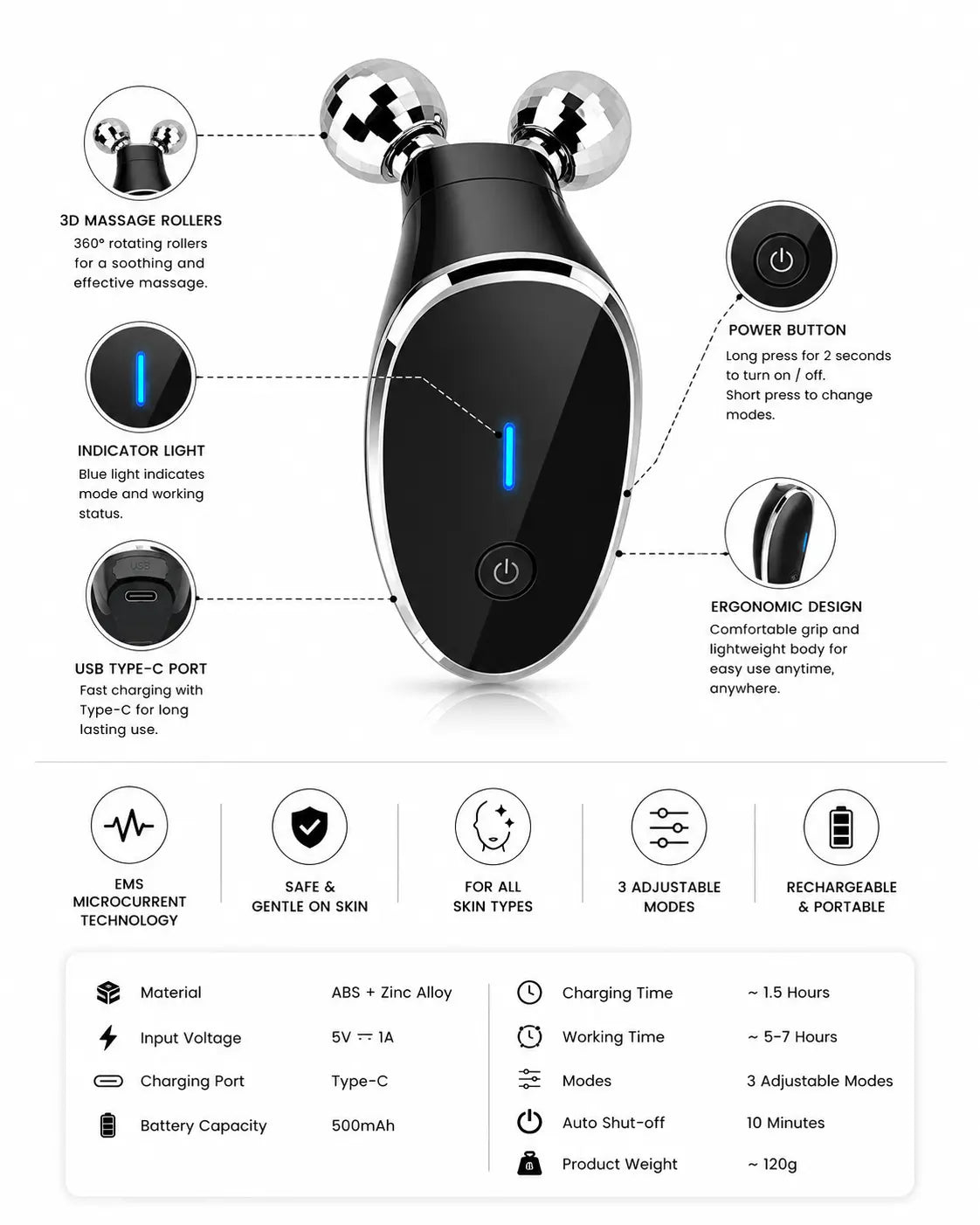Microcurrent facial massager features including USB Type-C charging, ergonomic grip and 3 massage modes
