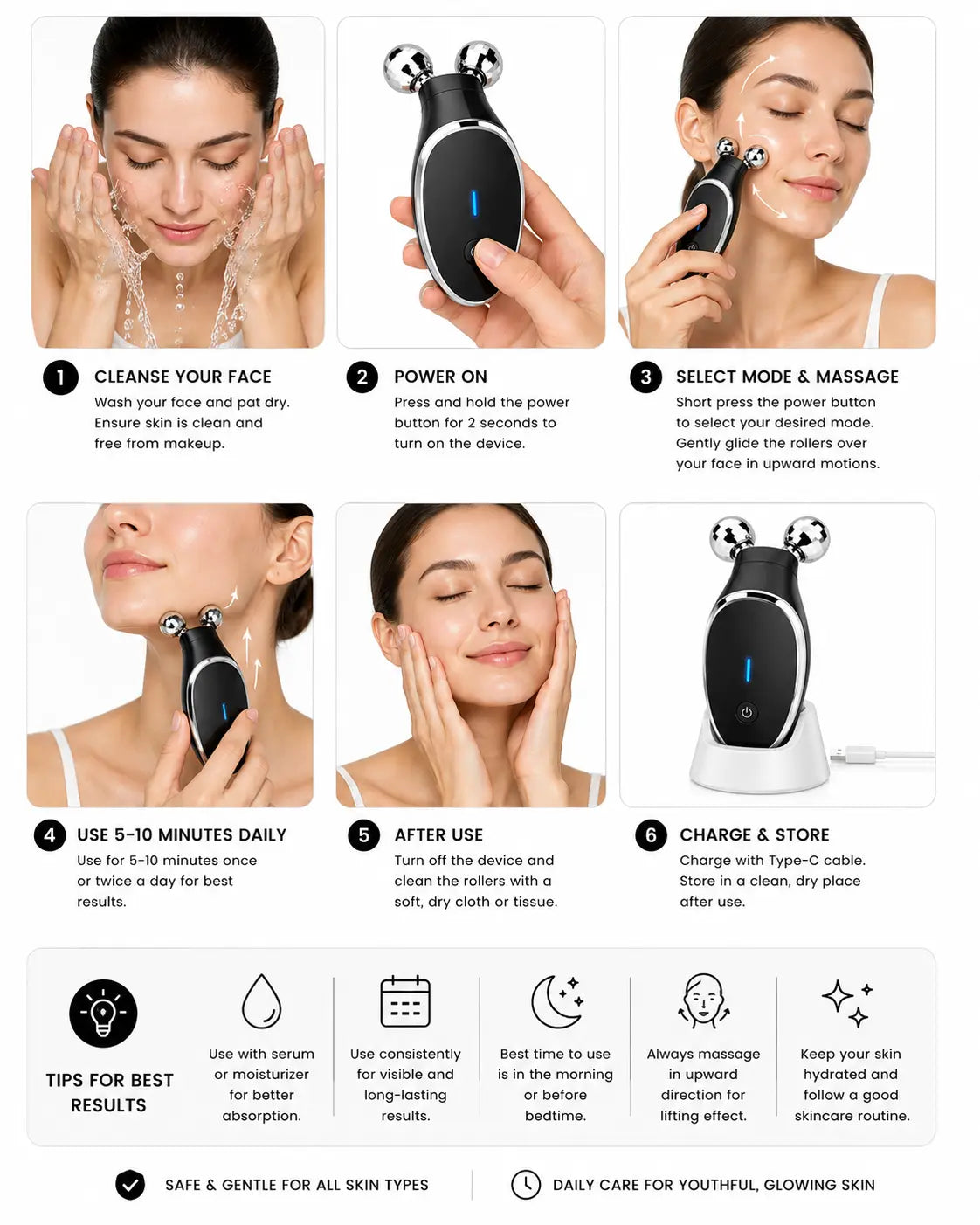 Step-by-step guide showing how to use the Microcurrent Facial Massager for best skin tightening results