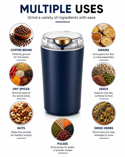 Mini Electric Grinder suitable for grinding coffee beans, dry spices, herbs, grains, seeds, nuts, and pulses with fast and efficient performance.
