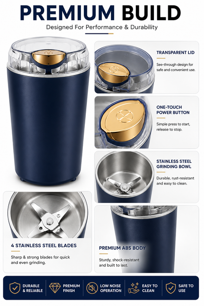 Close-up view of the Mini Electric Coffee Grinder highlighting the transparent safety lid, one-touch power button, stainless steel grinding chamber, sharp blades, and premium ABS body.