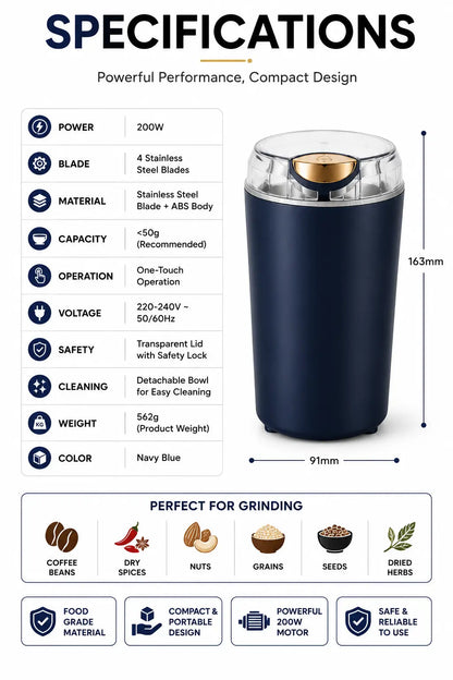 Specifications of the Mini Electric Coffee Grinder including 200W power, 4 stainless steel blades, ABS body, one-touch operation, 220–240V voltage, and compact dimensions.
