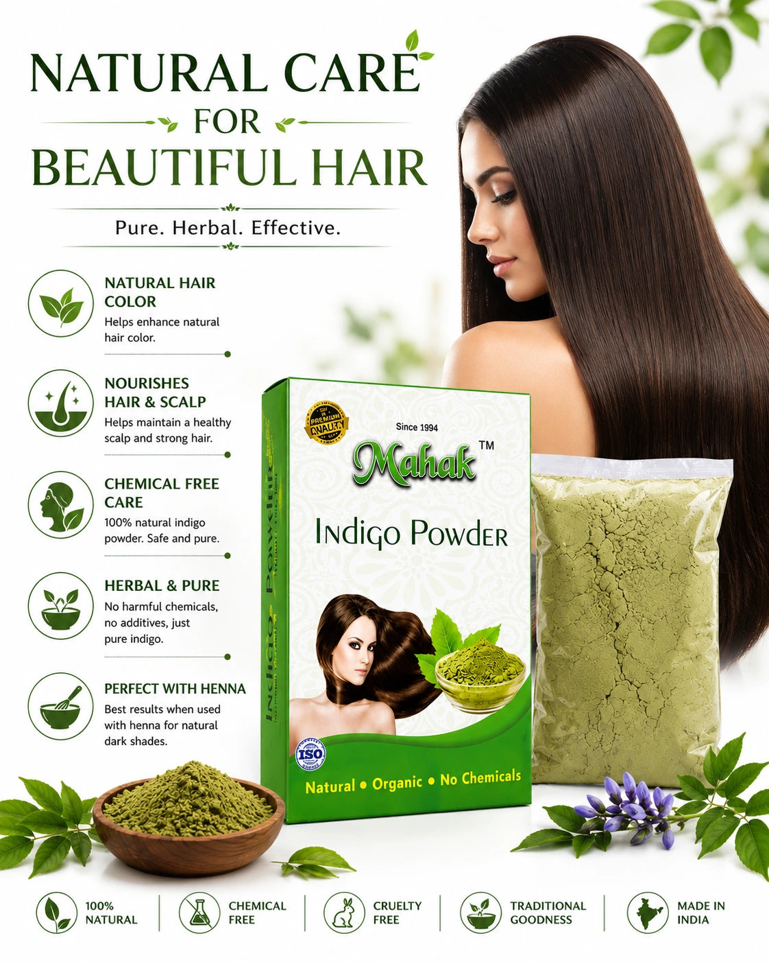 Natural Indigo Powder for beautiful hair with herbal scalp care and chemical-free hair coloring