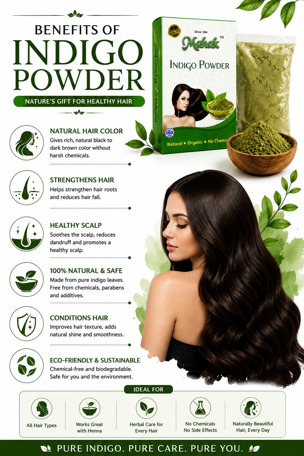 Benefits of Natural Indigo Powder for natural hair color, scalp care, and healthy-looking hair