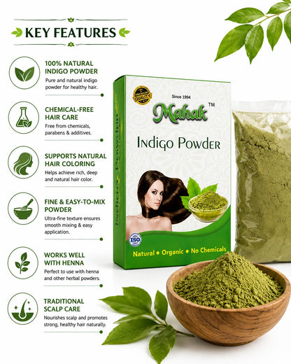 Key features of Natural Indigo Powder including herbal hair coloring, scalp care, and chemical-free formula