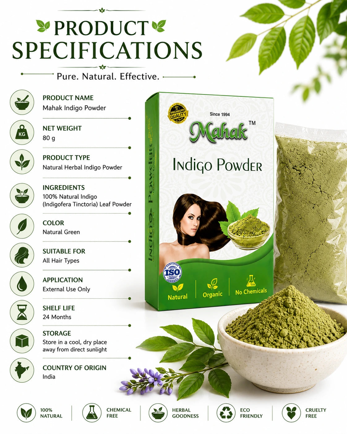 Product specifications of Natural Indigo Powder 80 gm including ingredients, weight, and storage details