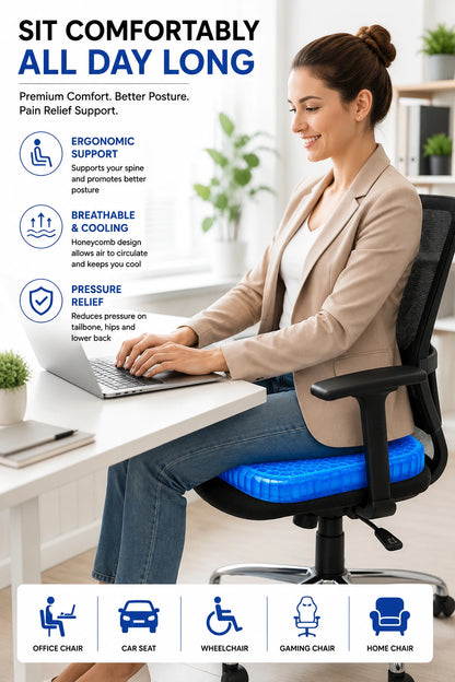 Person using blue gel seat cushion on office chair for better posture, back pain relief and all-day sitting comfort.