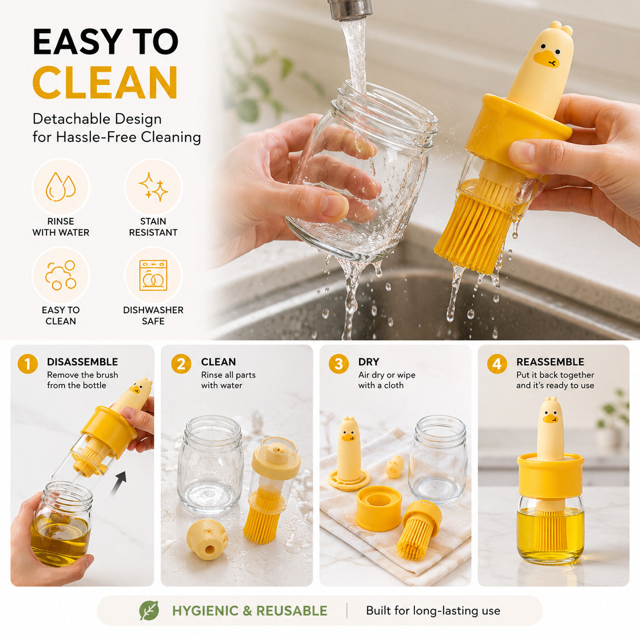 Easy to Clean Oil Dispenser Bottle with Removable Silicone Brush for Everyday Cooking