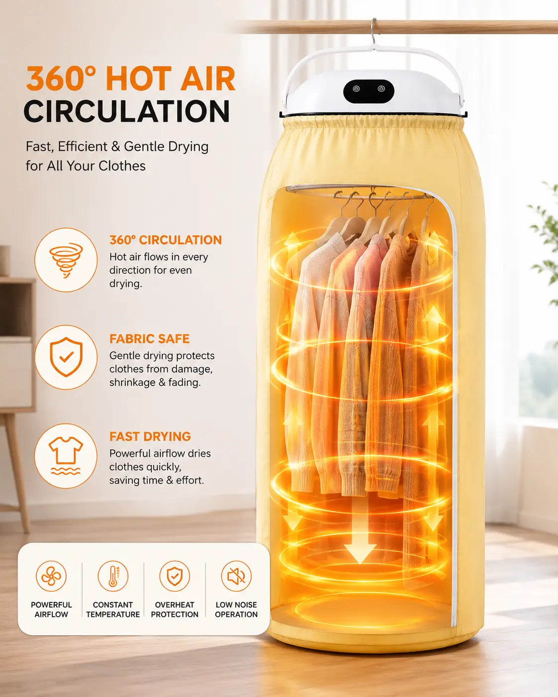 360° Hot Air Circulation Portable Clothes Dryer for Even and Fast Drying