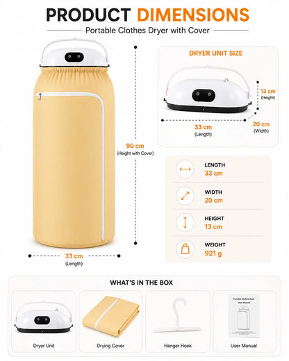 Portable Clothes Dryer Dimensions 33 × 20 × 13 cm with Foldable Drying Cover