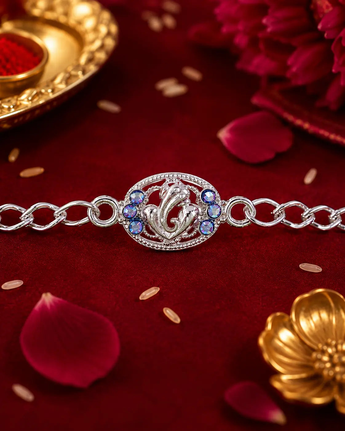 Premium Silver Ganesha Rakhi Bracelet for Brother | Blue Stone Chain Rakhi (1 Pc)