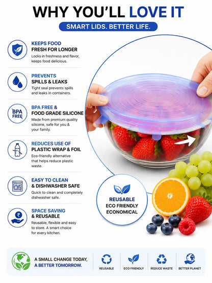 Reusable Silicone Stretch Lids Keep Food Fresh, Leakproof, Reusable and Eco Friendly