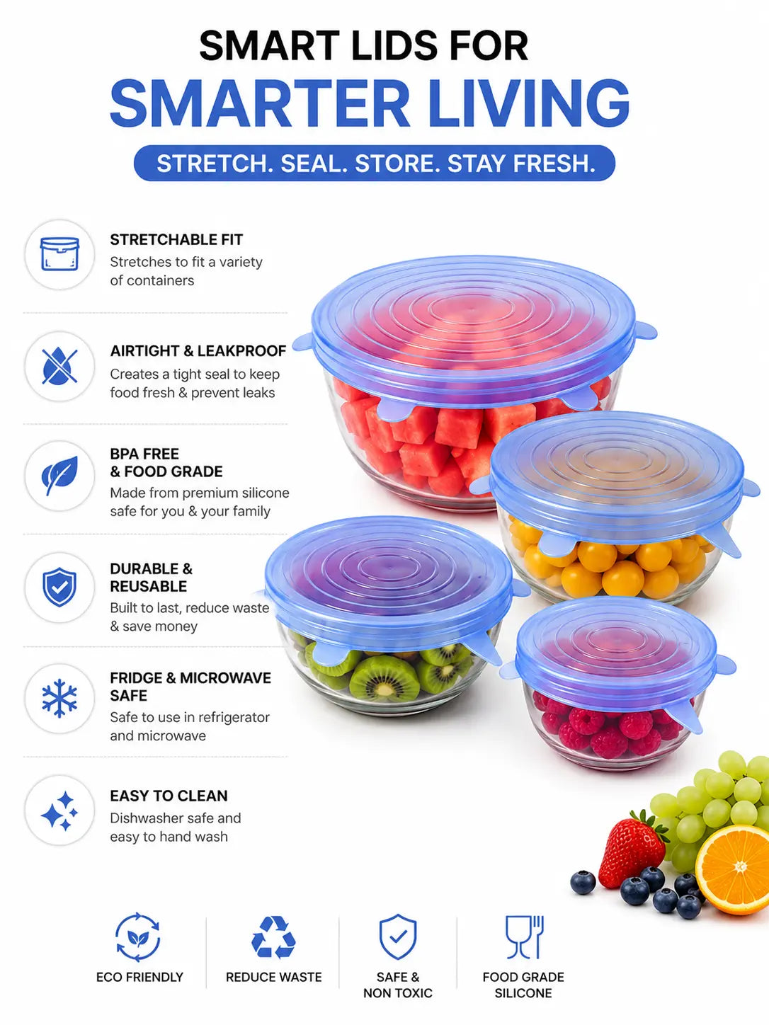 Reusable Silicone Stretch Lids with Airtight Leakproof Seal, BPA Free Food Grade Silicone