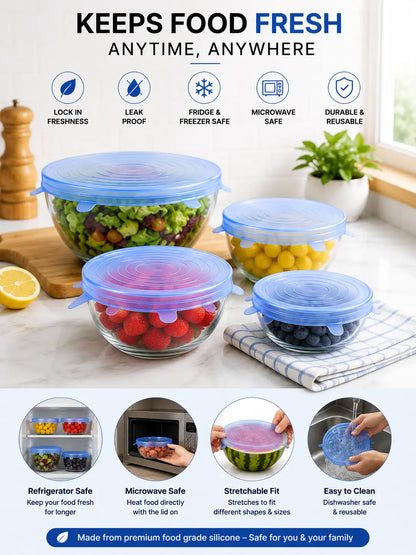 Silicone Stretch Lids Keeping Fruits, Vegetables and Leftover Food Fresh in Glass Bowls