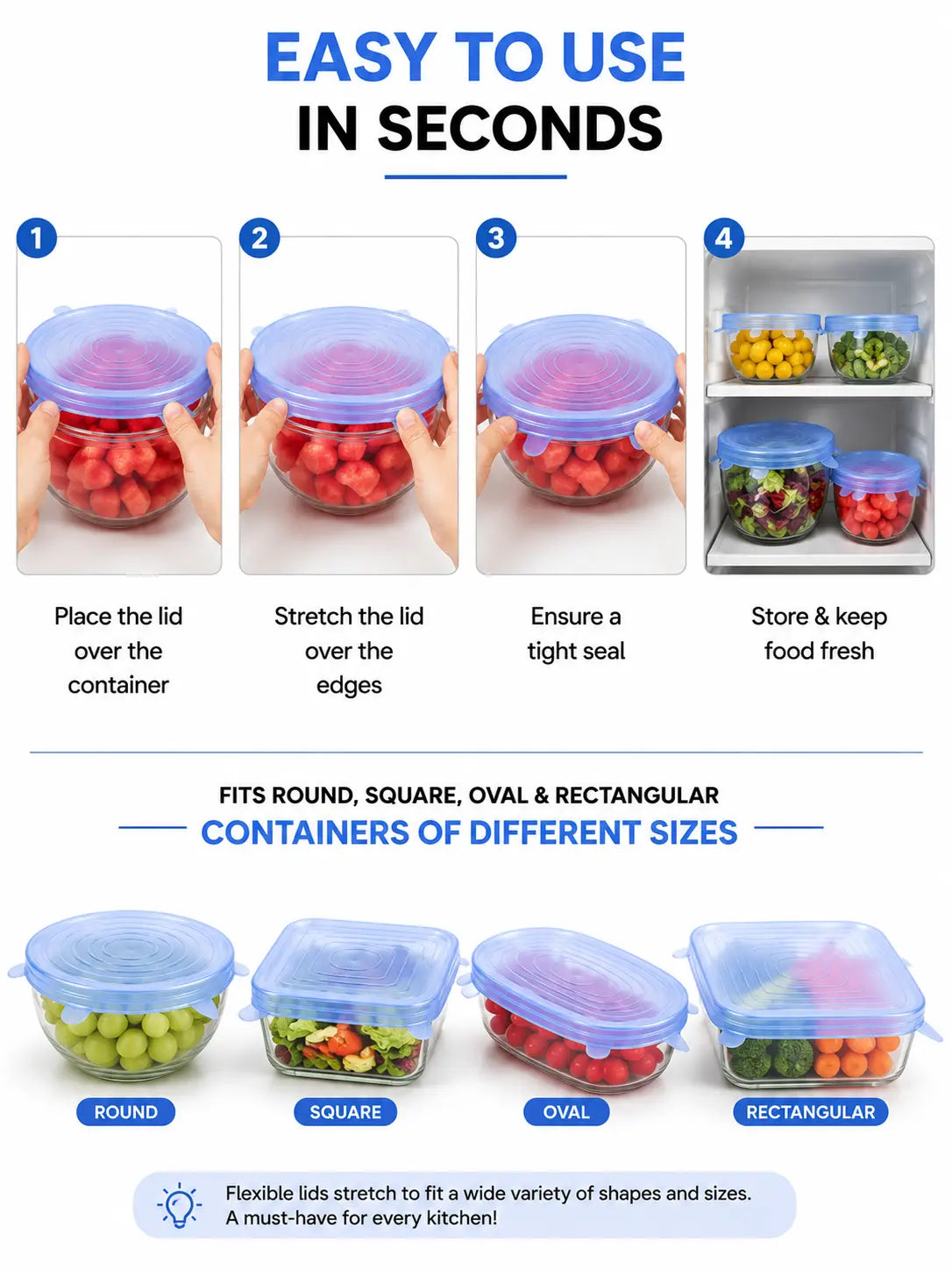 How to Use Reusable Silicone Stretch Lids on Round, Square, Oval and Rectangular Containers
