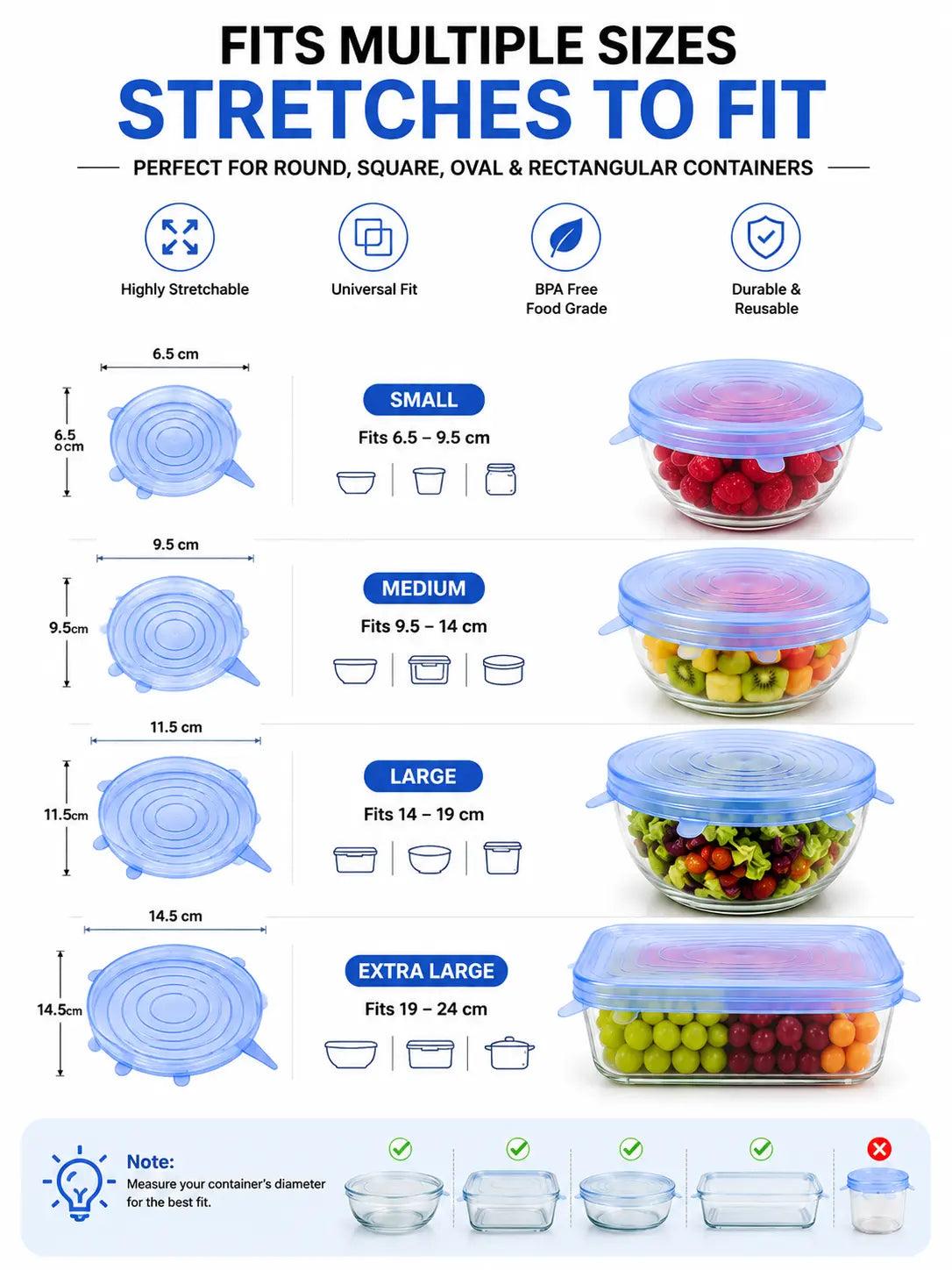 Silicone Stretch Lids Size Guide with Small, Medium, Large and Extra Large Universal Fit