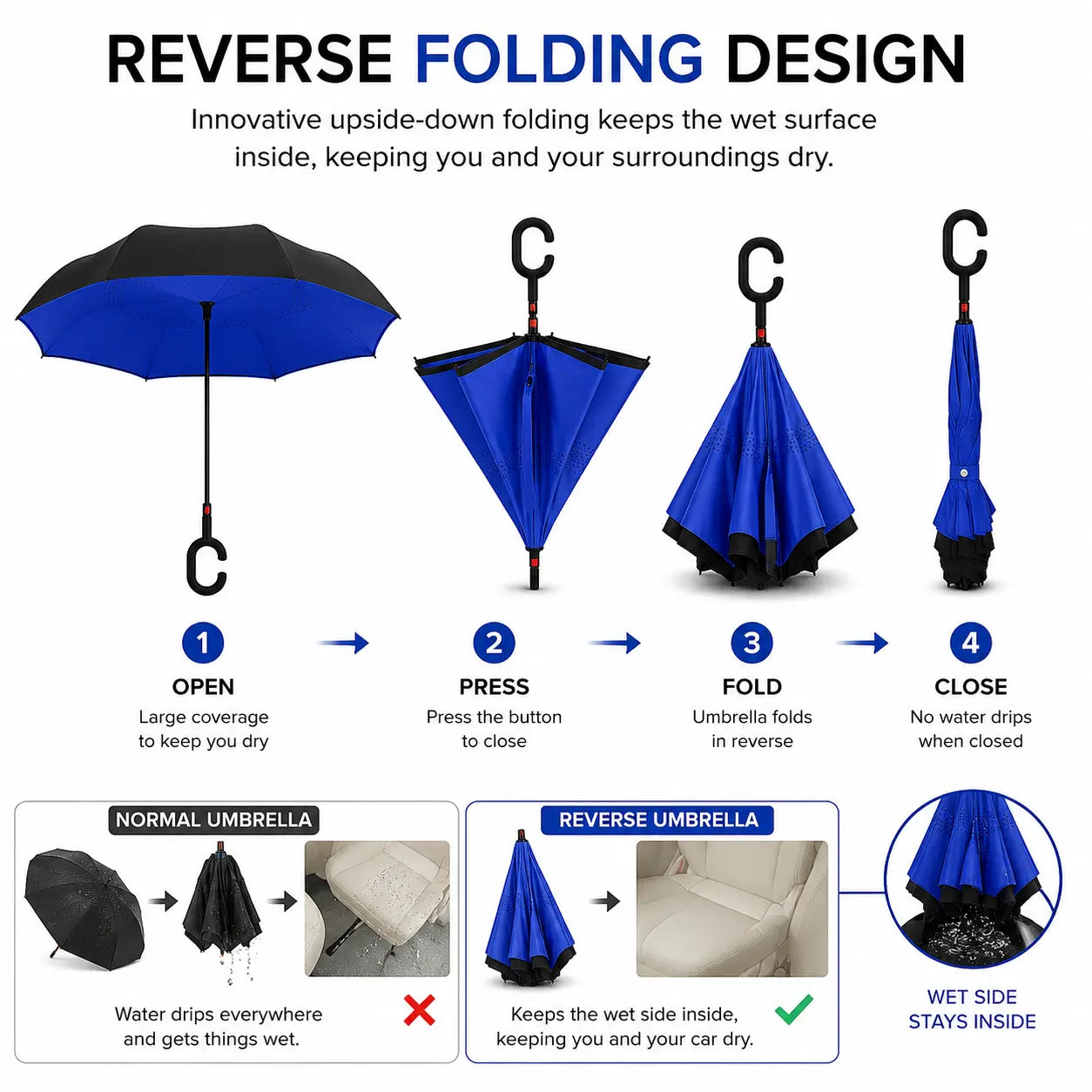 Windproof Reverse Umbrella with C-Shaped Handle | Upside Down Double Layer Umbrella (1 Pc)