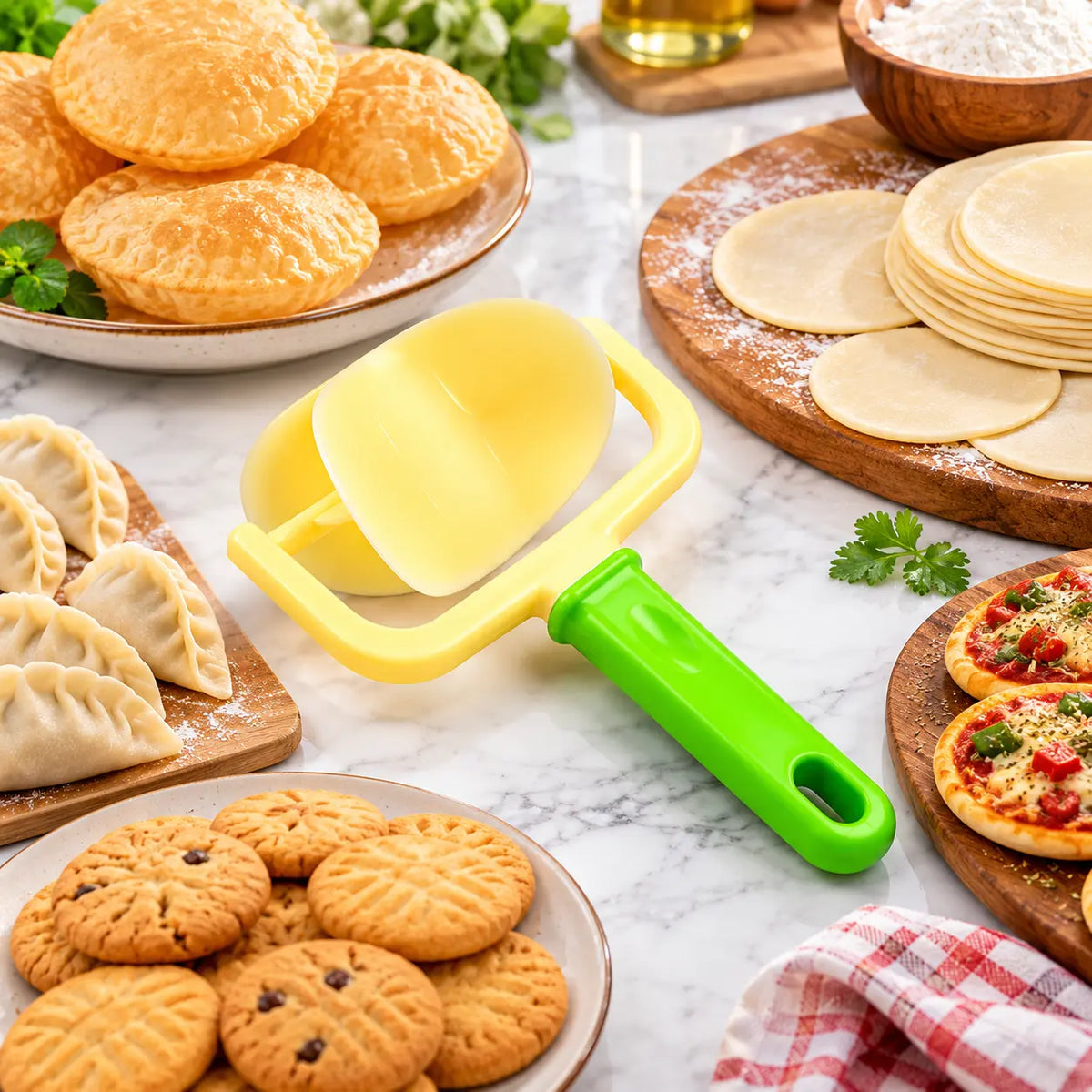 Round dough cutter roller displayed with puri, dumplings, cookies and mini pizzas