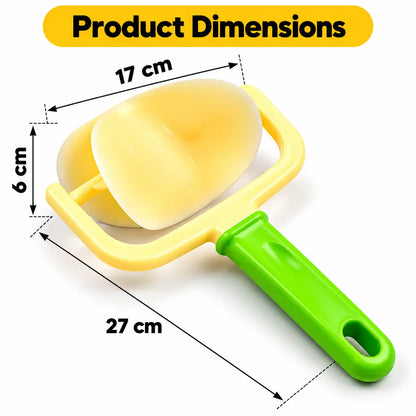 Yellow and green plastic round roller cutter with product measurements