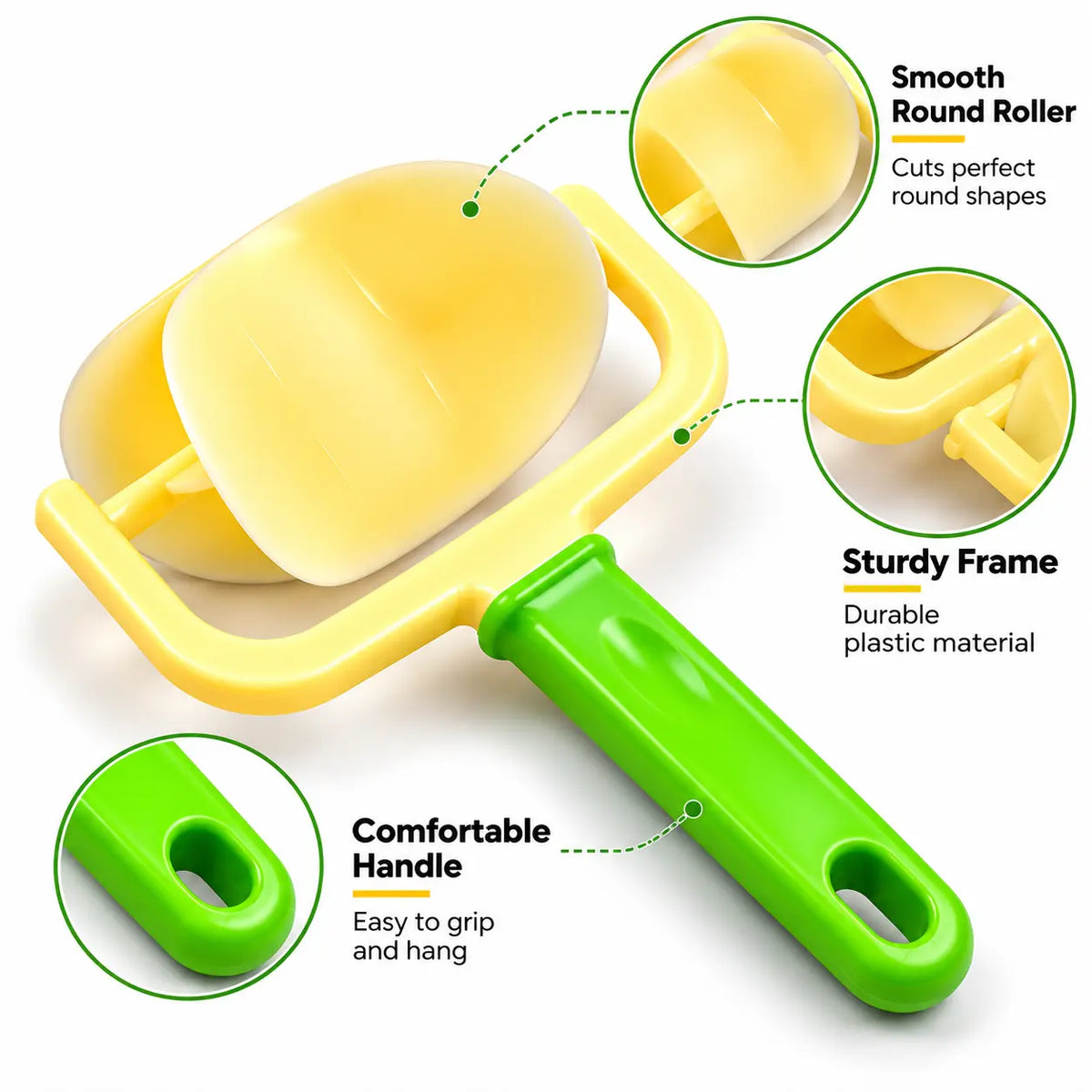 Round roller cutter showing yellow roller, sturdy frame and ergonomic green handle