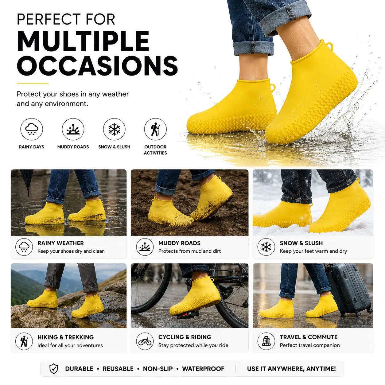 Reusable Silicone Rain Shoe Cover Ideal for Rain, Mud, Snow, Hiking, Cycling and Outdoor Activities
