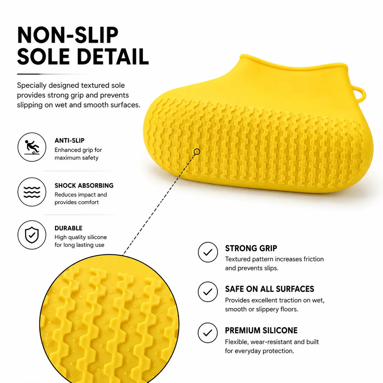 Close-up of Non-Slip Textured Sole on Reusable Waterproof Silicone Rain Shoe Cover