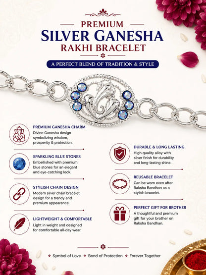 Premium Silver Ganesha Rakhi Bracelet for Brother | Blue Stone Chain Rakhi (1 Pc)