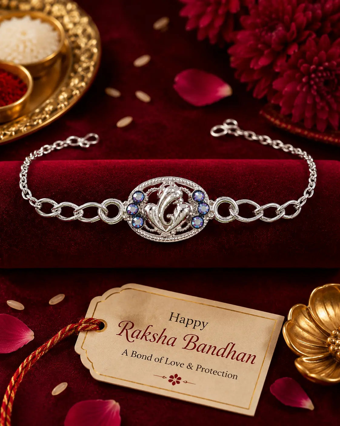 Premium Silver Ganesha Rakhi Bracelet for Brother | Blue Stone Chain Rakhi (1 Pc)