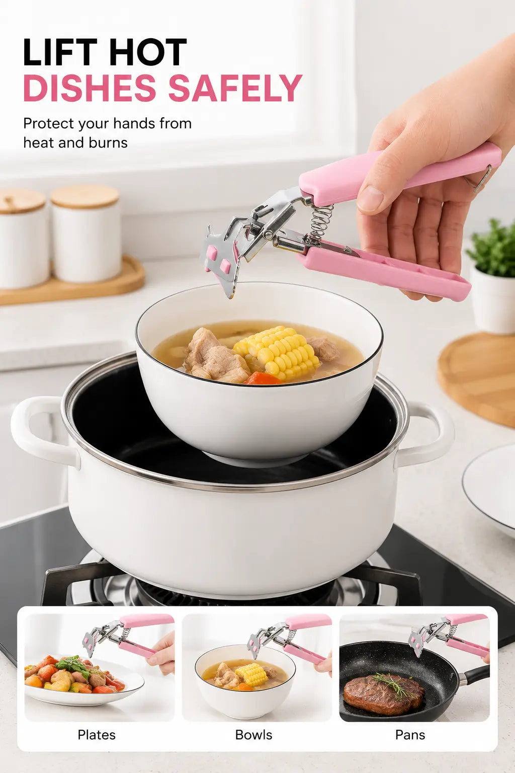 Using Stainless Steel Bowl Pot Gripper Clip to Safely Lift Hot Bowls, Plates and Pans - GUFUMART