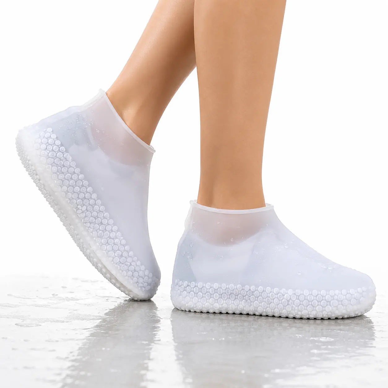 Model Wearing Transparent White Silicone Waterproof Shoe Covers Over Shoes for Rain Protection