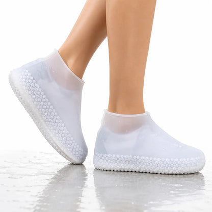 Model Wearing Transparent White Silicone Waterproof Shoe Covers Over Shoes for Rain Protection