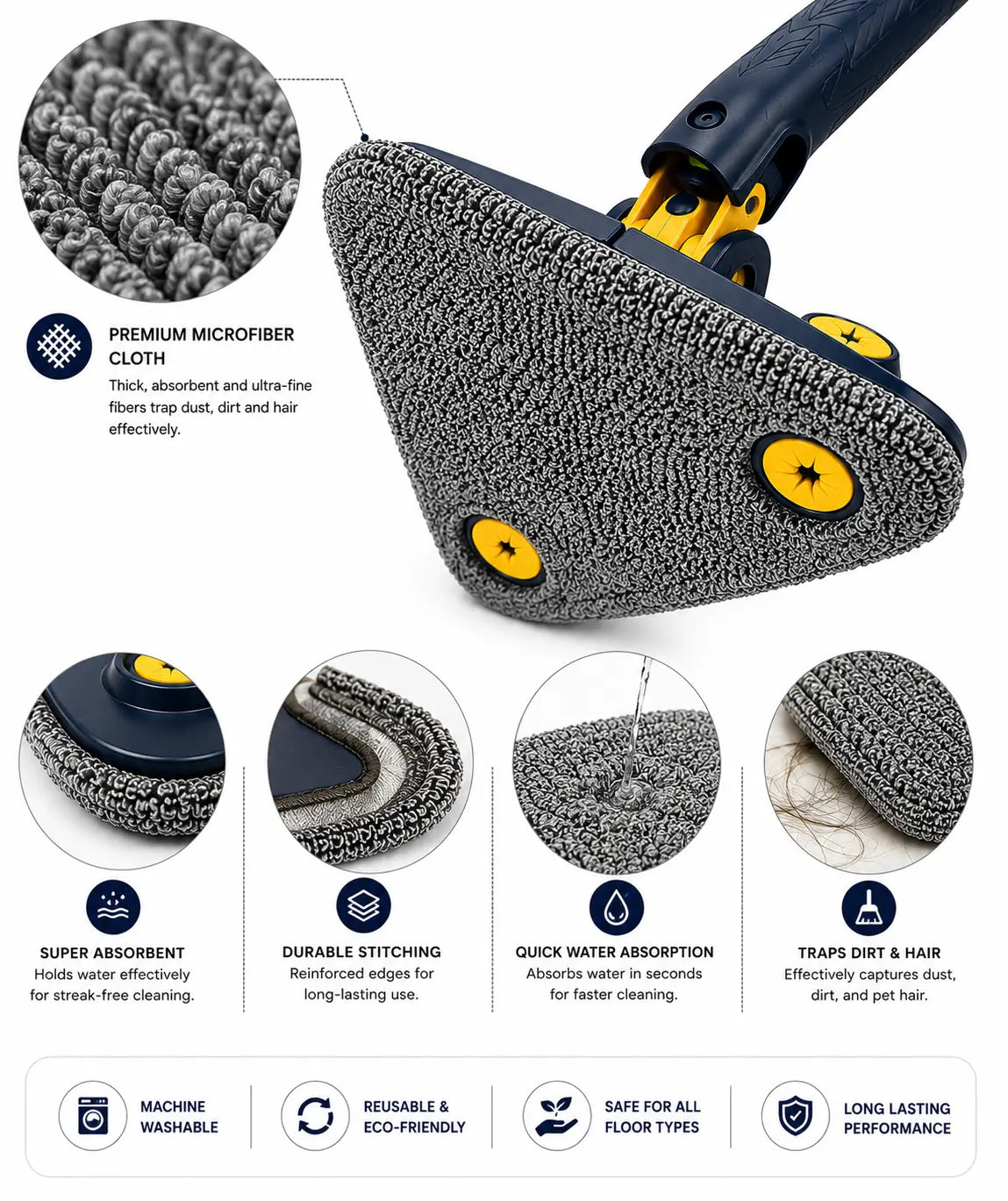 Close-up of the premium microfiber cloth on the Triangle Cleaning Mop, featuring high absorbency, soft fibers, reusable fabric, and effective dust, dirt, and hair removal.