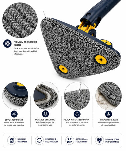 Close-up of the premium microfiber cloth on the Triangle Cleaning Mop, featuring high absorbency, soft fibers, reusable fabric, and effective dust, dirt, and hair removal.
