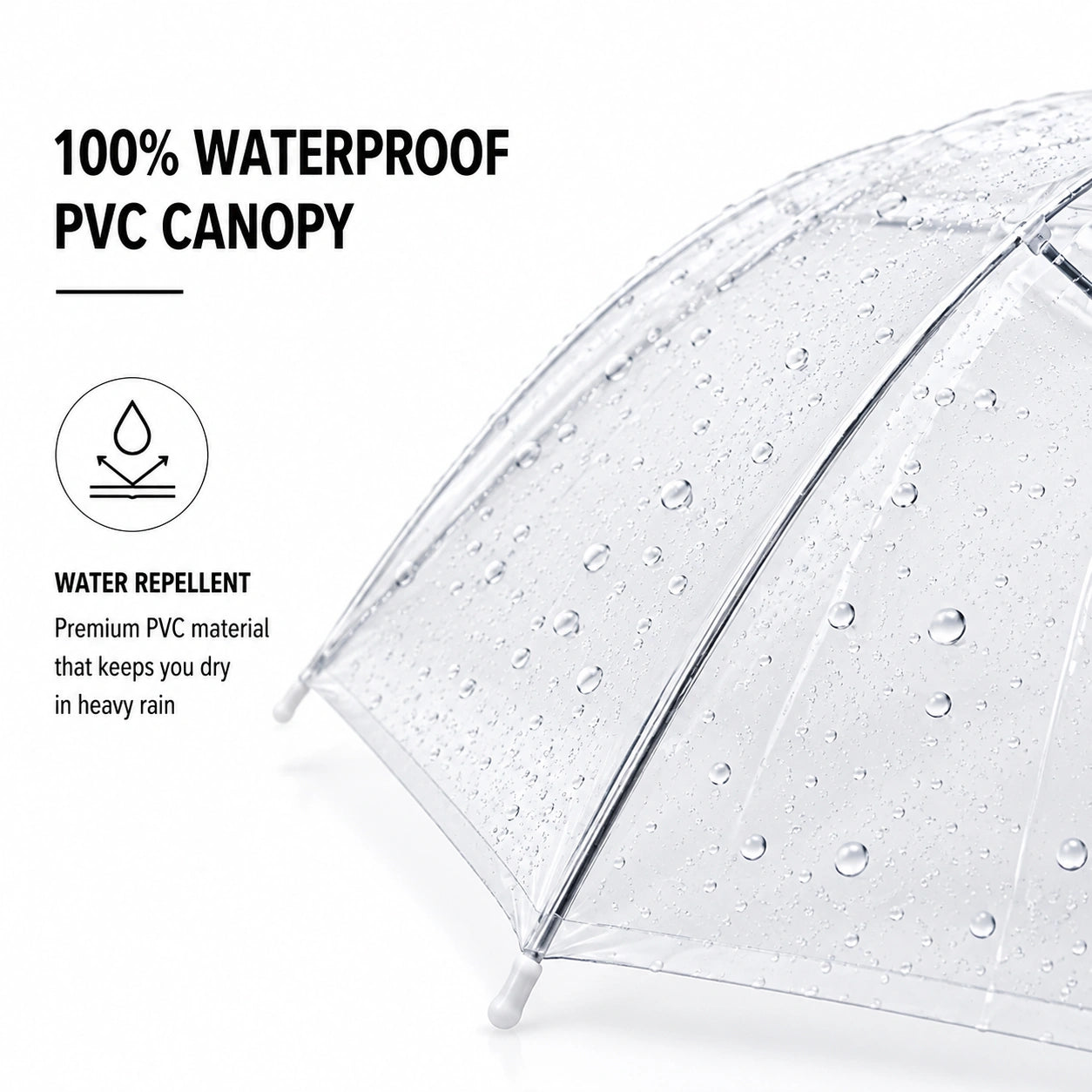 Close-Up of Windproof Metal Frame with Reinforced Ribs and Strong Shaft on Transparent Dome Umbrella
