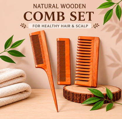 Natural Wooden Comb Set for Hair Care | Pocket Comb + Handle Comb + Wide Tooth Comb