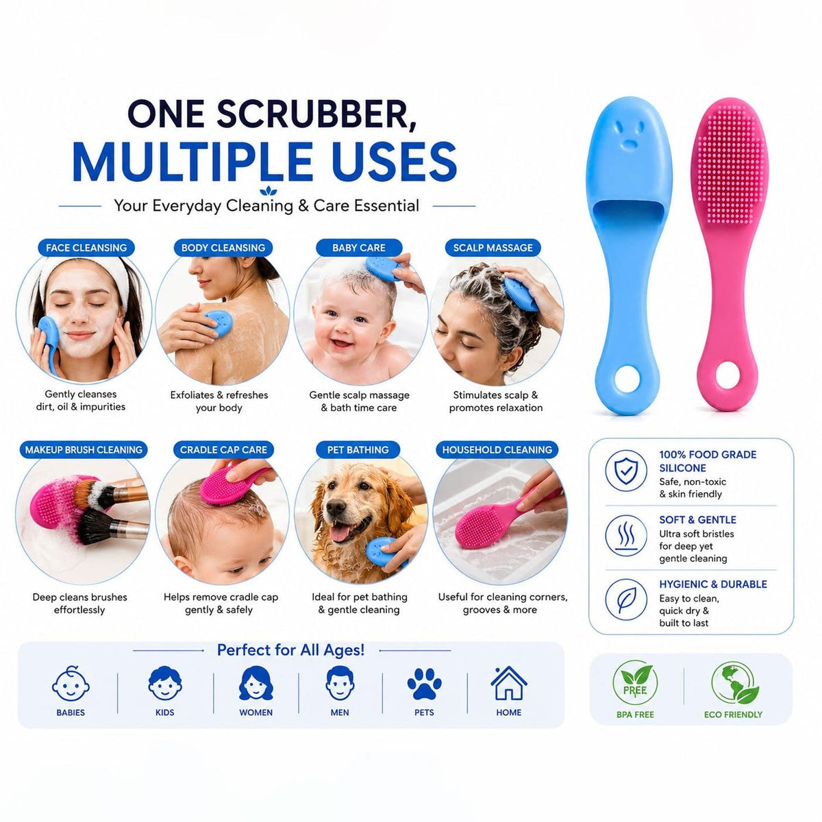 Silicone Face Cleansing Brush With Handle Soft Facial Scrubber Set (2 Pc)