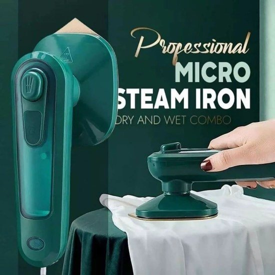Green portable steam iron - handheld garment steamer for travel and home use