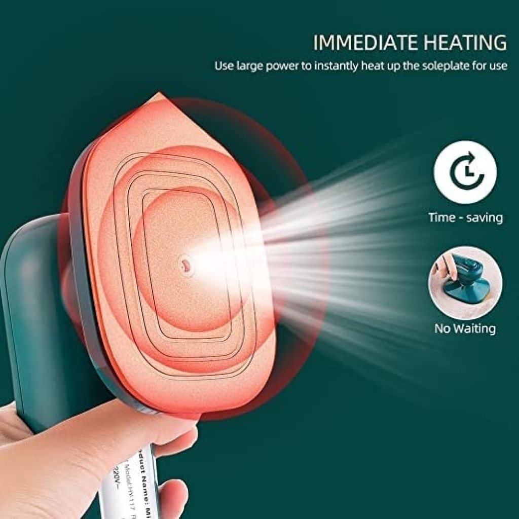 Portable steam iron removing wrinkles from shirt quickly and safely