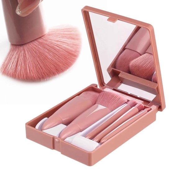 Professional Makeup Brush Set with Mirror open case showing 5 different brushes