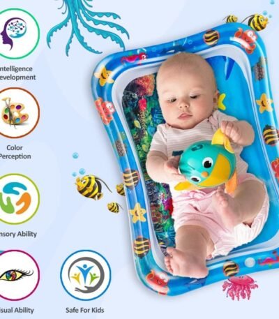 Magic tummy time water play mat for babies - blue inflatable sensory play mat with floating toys